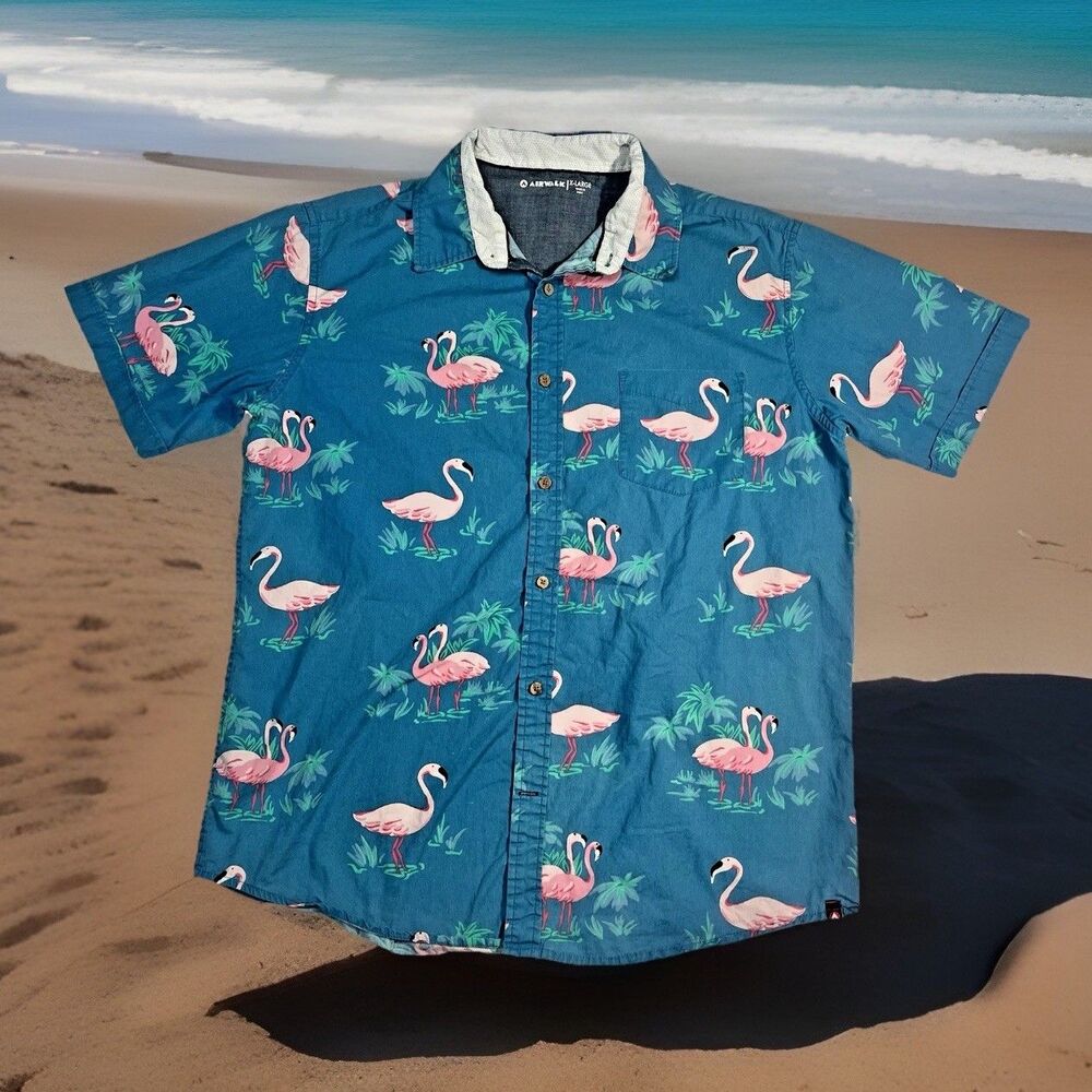 Airwalk Hawaiian Casual S/S Button-Down Shirt Men’s XL Teal Pink Flamingos